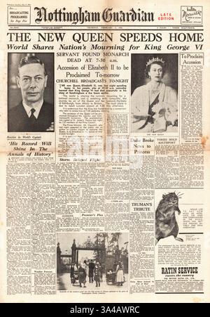 1952 Nottingham Evening Post Titelseite über den Tod von König George VI. Und Königin Elisabeth kehrt aus Kenia zurück Stockfoto