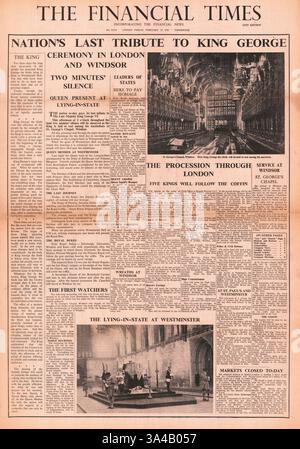 1952 die Titelseite der Financial Times berichtet über die Beerdigung von König Georg VI. In der St. George's Chapel in Windsor Stockfoto