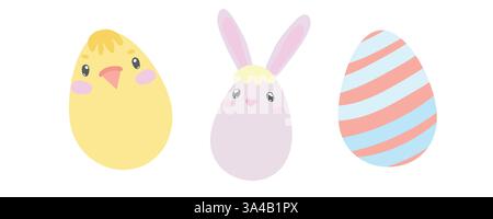 Bezaubernde Kawaii-Küken und Haseneier in Pastellfarben. Ideal für Kinder, Osterbasteln, Frühlingsgrußkarten und lustige Weihnachtsdekorationen Stock Vektor