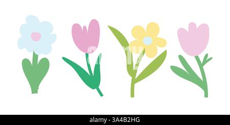 Minimale Frühlingsblumen mit Tulpen und Gänseblümchen in sanften Farben. Perfekt für botanische Drucke, Garteneinladungen und Osterdesign Stock Vektor