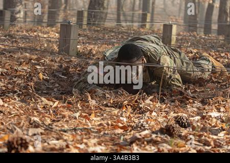 Ringgold, Georgia, USA. März 2025. Micah Tulloch, ein Quartiermeister und Chemikalienreparateur der 201st Regional Support Group in Marietta, Georgia Army National Guard, kriecht unter einem Draht während der Hindernisveranstaltung des Best Warrior Competition der Georgia Army National Guard 2025 auf der Catoosa Volunteer Training Site am 12. März 2025 in Ringgold, Georgia. Der Wettbewerb demonstriert die Bereitschaft und tödliche Wirkung von Soldaten der Nationalgarde der Georgia Army, indem er die Teilnehmer mit körperlichen Fitness-Bewertungen, schriftlichen Prüfungen und anderen kriegerischen Aufgaben testet Stockfoto