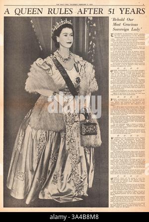 1952 Daily Mail Seite 3 berichtet, dass Prinzessin Elizabeth Königin wird Stockfoto
