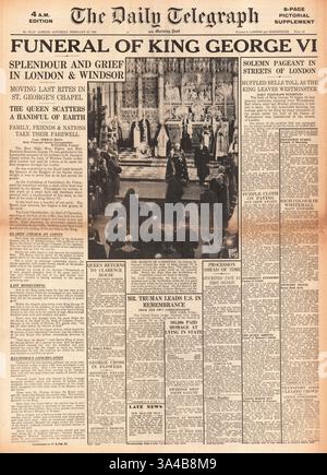 1952 Daily Telegraph berichtet über die Beerdigung von König Georg VI. In der St. George's Chapel in Windsor Stockfoto