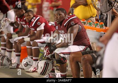27. September 2014 - Columbia, SC, USA - South Carolina Offensive Tackle Brandon Shell (71) reagiert, als die Zeit 21-20 im Williams-Brice Stadium in Columbia, S.C., am Samstag, 27. September 2014 gegen Missouri verloren geht. (Abbildung: © Gerry Melendez/MCT/ZUMA Wire) Stockfoto