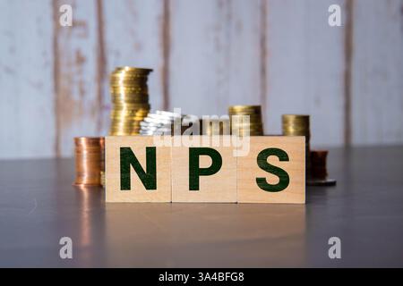 Concept Word NPS .Net Promoter Score. Auf Holzwürfeln Text auf Holzblöcken. Auf grauem Hintergrund. Stockfoto