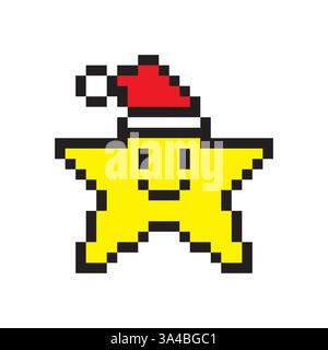 Pixel Star Lächeln. Vektor-festliches Symbol. Roter Weihnachtsmann-Hut. Gelbes Weihnachtsgesicht. Stock Vektor