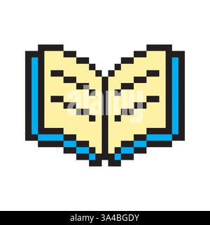 Buchpixel öffnen. Symbol für Vektoranzeige. Blaue Randkontur. Gelbe Seitenform. Stock Vektor