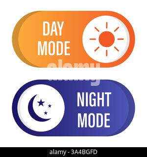 Text IM TAGESMODUS. Text FÜR NACHTMODUS. Leuchtender Farbverlauf schaltet um. Konzept des Vektorthemas. Stock Vektor