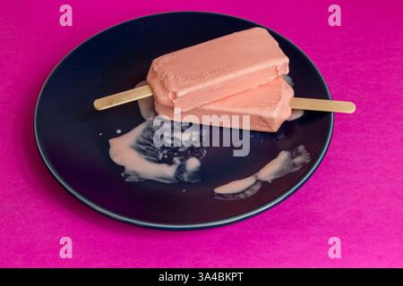 Eis von schwarzen Beeren, die auf blauem Schälchen und Fuchsia-Hintergrund schmelzen. Stockfoto