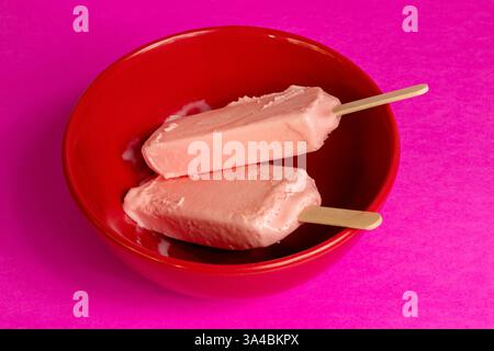 Eis von schwarzen Beeren, die auf rotem Schüssel und Fuchsia-Hintergrund schmelzen. Stockfoto