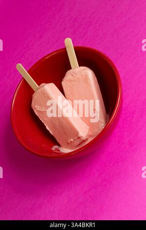 Eis von schwarzen Beeren, die auf rotem Schüssel und Fuchsia-Hintergrund schmelzen. Leerzeichen Stockfoto
