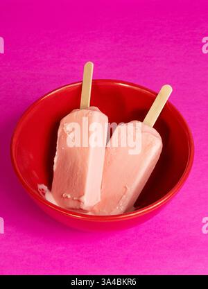 Eis von schwarzen Beeren, die auf rotem Schüssel und Fuchsia-Hintergrund schmelzen. Leerzeichen Stockfoto