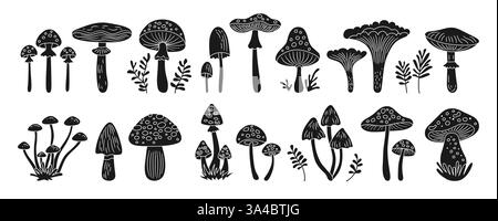 Pilze handgezeichnetes schwarzes Gravurset. Giftige und essbare verschiedene Pilzvektorillustration. Boletus chanterelle porcini Amanita muscaria Fliegenpilzpilze Stempelschablone Stock Vektor
