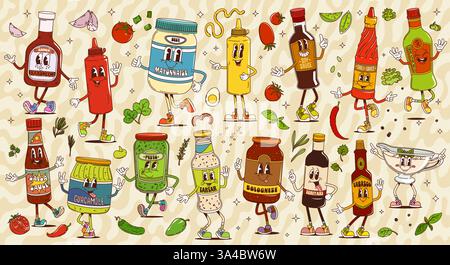 Cartoon groovige Soßenflaschen Charaktere, Vektor-Lebensmittel-Gewürze und Gewürze. Retro-Ketchup, Chili, Mayonnaise und Senf, Soja, Salsa und grillkleid Stock Vektor