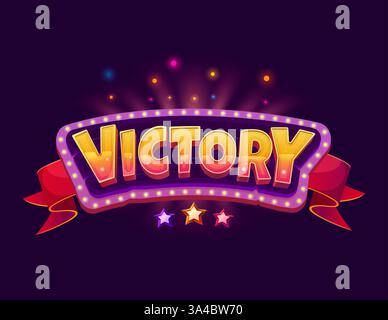 Siegesabzeichen mit Sternen und Bannern für den Gewinner, Comic-Vektor. Siegesabzeichen für Casino Poker oder Spielautomaten, Level Stock Vektor