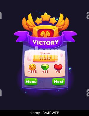Victory Game Frame für GUI Interface Template mit Siegernoten und Menü, Vektor-Gamer UI. Spielrahmen oder Siegesbanner für Level Complete Award mit Stock Vektor
