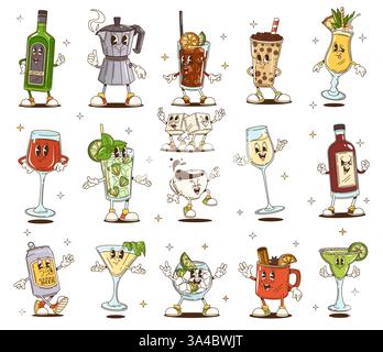 Cartoon groovige Drinks, Cocktails und heiße Getränke Charaktere. Retro-psychedelische Wein, Bier, Kaffeetasse und Mojito-Glas-Vektorfiguren. Niedlicher Groov Stock Vektor