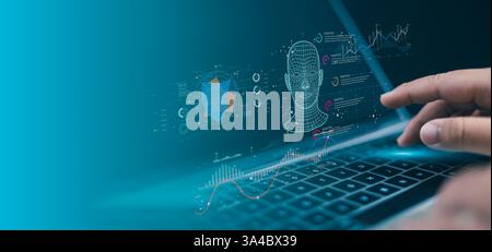 Deepfake-Konzept, das Gesichtsbewegungen, Gesichtswechsel oder -Nachahmung, Gesichtsverfolgung, Erkennung und Erkennung, Sicherheitssystem, Cy Stockfoto