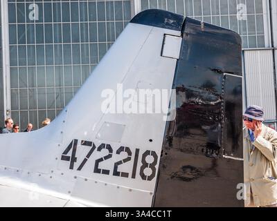 Belin, Deutschland - 11. Juni 2010: Vertikaler Stabilisator und Ruder auf dem nordamerikanischen P-51D Mustang (472218, Big Beautiful Doll, G-HAEC) auf den Berliner Airs Stockfoto