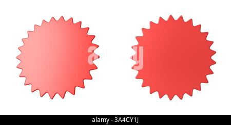 Leerer minimaler 3D-roter Sternenaufkleber Schild Banner Produktetikett isoliert auf weißem Hintergrund minimale kreative Idee konzeptionelles 3D-Rendering Stockfoto