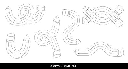 Stifte setzen Vektor-Illustration. Gedrehter, flexibler Doodle einfacher Bleistift in verschiedenen Formen wie Knoten, Häkchen, Biegen, Kritzeln. Zurück zur Schule Stock Vektor