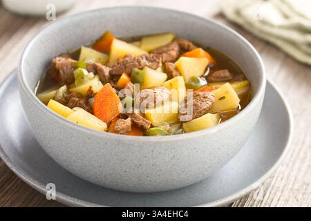 Vegane Suppe oder Eintopf mit Gemüsekartoffeln, Zwiebeln, Knoblauch, Karotten, grünem Pfeffer und Sojafleischstücken, serviert in einer Schüssel (selektiver Fokus) Stockfoto