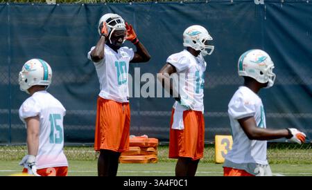 23. Mai 2014 - DAVIE, FL, USA - die Miami Dolphins Rookie Wide Receiver Jonathan Aiken (10) und Jarvis Landry (14) machen am Freitag, den 23. Mai 2014, eine Pause zwischen den Übungen. (Kreditbild: © Taimy Alvarez/MCT/ZUMAPRESS.com) Stockfoto