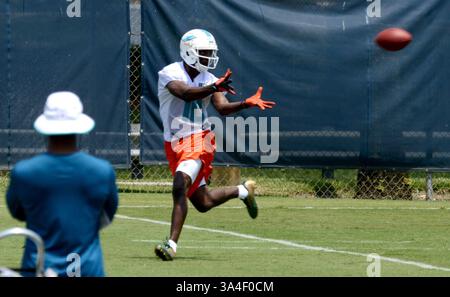 23. Mai 2014 - DAVIE, FL, USA - Miami Dolphins Rookie Wide Receiver Jonathan Aiken macht sich bereit, am ersten Tag des Rookie Minicamps an der Nova Southeastern University in DAVIE, Florida, am Freitag, den 23. Mai 2014 einen Pass zu erhalten. (Kreditbild: © Taimy Alvarez/MCT/ZUMAPRESS.com) Stockfoto