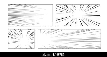 Comic Speed Lines Set – radiale Burst-Muster mit dynamischen Bewegungsstreifen. Manga-Zoom-Effekte. Schwarz-weiße Tafeln und leere Comic-Rahmen. Explosionsstrahlen und Bewegungshintergründe. Stock Vektor