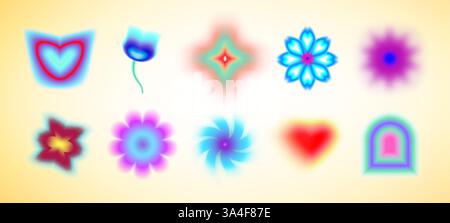Formen Sie Unschärfe-Effekt mit bunten y2k-Elementen – Herzen, Sterne und Blumen. Vektorverlaufsgitter Hintergrund von hellen Neonfarben. Traumhafte ästhetische Überzüge, trendiges Retro-Grafikdesign der 90er Jahre. Stock Vektor