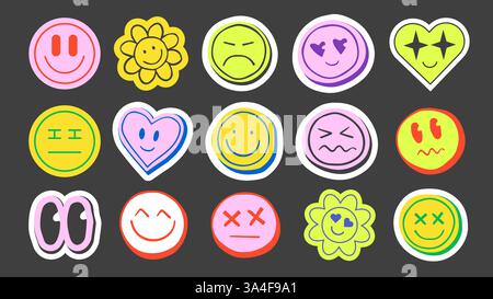 Groovige farbenfrohe, ausdrucksstarke Gesichts-Emoticon-Aufkleber mit hellem Stil - verschiedene lustige Gesichtsausdrücke wie glücklich, traurig, wütend, verwirrt und verliebt. Lustiges Lächeln für Chats in sozialen Medien. Stock Vektor