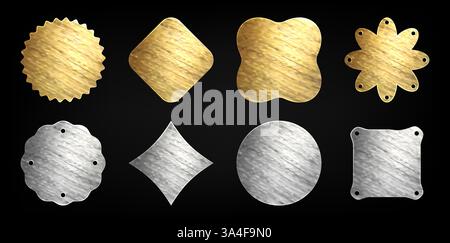 Aufkleber mit Gold- und Silberfolie. Kollektion mit glänzenden Metallic-Label Shapes – runde, quadratische Starburst-Elemente mit Metallstruktur für Logo- und Textdesign. Hochwertige dekorative 3D-Vektor-Embleme. Stock Vektor