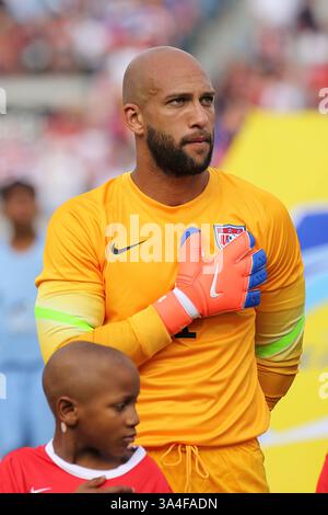 7. Juni 2014: Jacksonville, Florida, USA – Torhüter TIM HOWARD (1) vor dem Freundschaftsspiel gegen Nigeria auf dem EverBank Field in Jacksonville, Florida. Die USA gewannen das Spiel mit 2:1. (Bild: © David Roseblum/ZUMAPRESS.com) Stockfoto