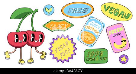 Retro-Obstaufkleber isoliert auf weißem Hintergrund. Vektor-Karikaturillustration von Vintage Banane, Orange, Kirschtextetiketten für gesunde Bio-Produkte, frische vegane Lebensmittel Poster Design Elemente Stock Vektor