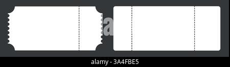Zwei weiße Tickets mit Perforationen. Ticket-Mockups mit Rüschenrändern. Konzert-, Film- oder Theaterauftritte. Boarding, Lotterie, Verkaufsgutschein. Flaches Fahrzeug Stock Vektor