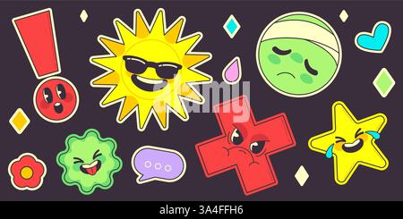 Groovige Retro Lächeln Aufkleber Vektor Set - bunt schrullige Formen mit Gesichtsausdrücken, süße Kawaii Emoticons. Blume und Stern, Sonne und runde geometrische Form im y2k-Stil. Funky helle Stimmungssymbole Stock Vektor