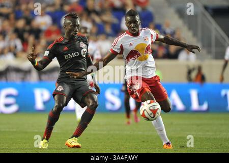 Juni 2014: Harrison, New Jersey, USA S - Toronto FC Mittelfeldspieler DOMINIC ODURO (23) und New York Red Bulls AMBROISE OYONGO BITOLO (3) in Aktion in der Red Bull Arena in Harrison New Jersey New York und Toronto Unentschieden 2 zu 2 (Bild: © Brooks von arx/ZUMAPRESS.com) Stockfoto