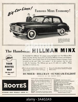 1953 UK Magazine Hillman Minx Car Advert Stockfoto