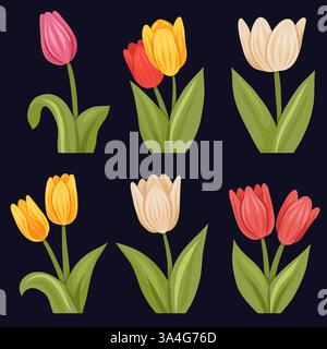 Vektorsatz von bunten Tulpen auf dunklem Hintergrund. Frühlingskollektion mit flachen handgezeichneten Blüten für Aufkleber und Einladungen. Stock Vektor