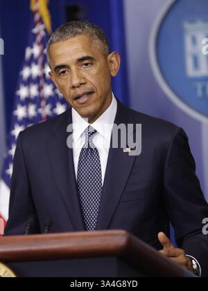 16. Juli 2014: Washington, District of Columbia, U.. S - US-Präsident Barack Obama äußert sich im Weißen Haus in Washington, DC, 16. Juli 2014 zu den Wahlen in Afghanistan, zum israelisch-palästinensischen Konflikt und zu Wirtschaftssanktionen gegen russische Interessen. (Bild: © Prensa Internacional/ZUMA Wire) Stockfoto