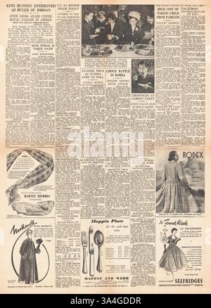 1953 Daily Telegraph berichtet, dass König Hussein in Jordanien thront Stockfoto