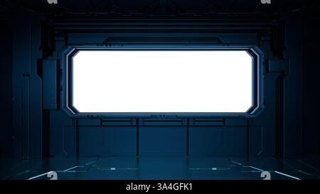 Geräumiger, minimalistischer Bereich mit einem großen, leeren Bildschirm, der von eleganten dunklen Wänden eingerahmt wird, schafft eine High-Tech-Umgebung für visuelle Darstellungen oder künstlerische Darstellungen Stockfoto