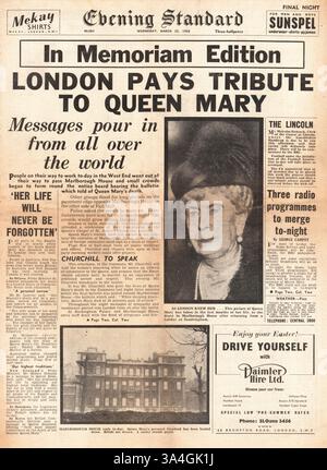 1953 Evening Standard Titelseite über den Tod von Königin Mary Stockfoto