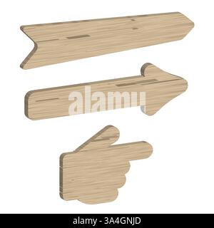 Drei hölzerne Zeiger. Gerade Pfeile und eine zeigende Hand. Straßenschild. Realistische 3D-Illustration isoliert auf weiß. Stockfoto