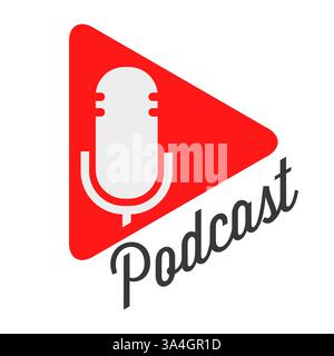 Podcast-Emblem-Design. Rotes Dreieck mit Mikrofon. Flache Abbildung isoliert auf weißem Hintergrund. Stockfoto