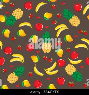 Mango Ananas Apfel Erdbeere Bananenkirsche Mischung Früchte nahtloses Muster auf braunem Hintergrund für Tapete, Muster, Web, Blog, Oberfläche, Texturen. Stock Vektor