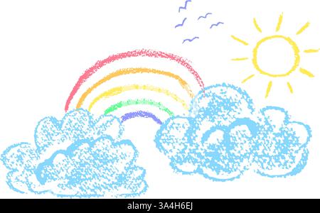Buntstift Wolken mit Regenbogen. Himmel mit Sonne und Silhouette einer Vogelschar. Bunte Wachsstift-Kinder zeichnen Landschaft. Vektornaives und lustiges Design Stock Vektor