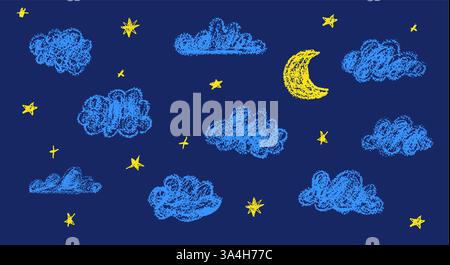 Set aus abstrakten Bleistiftwolken, goldenen Sternen und Mond. Handgezeichneter Cartoon bewölkter Nachthimmel. Vektor-Illustration der Sammlung von blauem Wirbel auf blau Stock Vektor