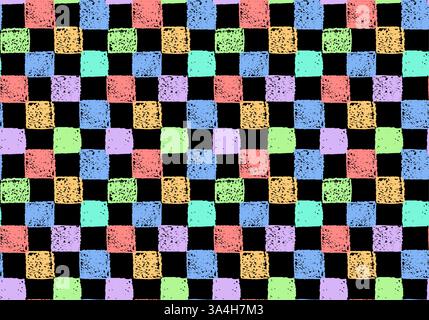 Nahtloses Gingham-Muster. Mosaikschmuck mit gezackten gelben rot-blauen grünen Quadraten, gezeichnet mit farbenfroher Holzkohle. Moderner Hintergrund, farbig bemalt Stock Vektor