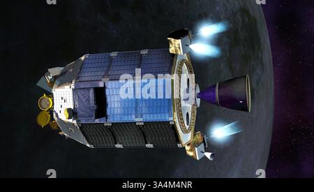 5. September 2013 ein Künstlerkonzept von LADEE (Lunar Atmosphere and Dust Environment Explorer) der NASA, das seine Manövrierstrahlruder abfeuert, um eine sichere Höhe zu erhalten, während es den Mond umkreist... Erkundung der Mysterien des Mondstaubs... die ursprünglichen Mondlandungen ließen eine ganze Generation in den Himmel blicken - jedoch sucht die NASA nun, eines der lange ungelösten Geheimnisse des Satelliten zu erkunden... Ein neues Raumschiff, das am Freitag (6. September) startet, wurde entwickelt, um die Exosphäre des Mondes und die Mondstaubumgebung zu untersuchen und hoffentlich das Geheimnis des seltsamen Glühlens des Mondes zu lösen Stockfoto